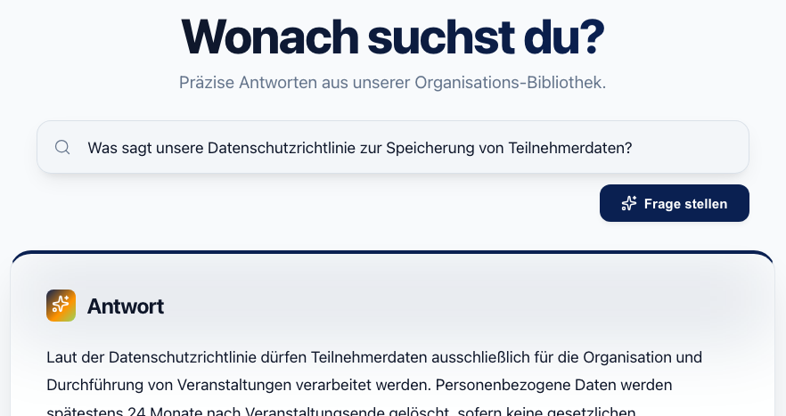 Vorschau der Wissensplattform mit Frage und Antwort aus Dokumenten